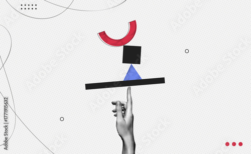 Trendy Halftone Collage Hand hols in balance abstract geometric figures. Keep balance in work, tasks and goals. Colored different shapes. Feel in control. Contemporary vector illustration art
