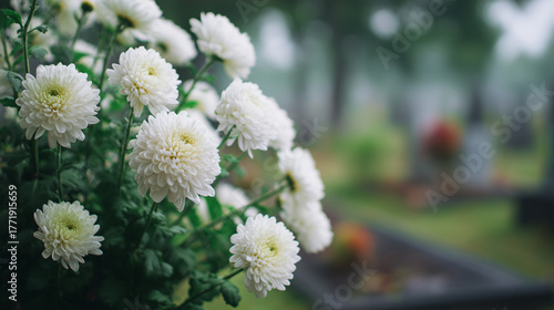 close up of classical large flowered white chrysanthemums on tombstone, modern graveyard, blurred background of cemetery. All saints day graveyard. Background, wallpaper for all saints’ day, all souls