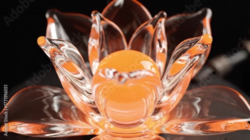 Glass dahlia flower blooming from molten point, transforming from liquid to solid on dark background.
