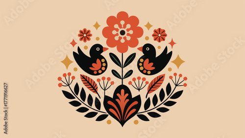 Floral Folk Art with Birds Illustration Pattern in Scandinavian Style