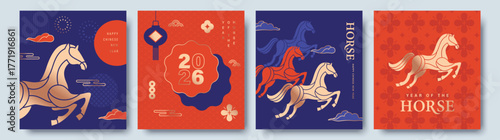 Set of 2026 Chinese New Year, Year of the Horse greeting card, poster, banner, cover, vector illustration horse silhouette on red background.

