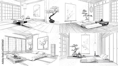 Elegant Japanese minimalist bedroom sketch featuring tatami mats, shoji doors, bonsai, and low furniture. Perfect line art for architecture, design, and zen interior concepts.