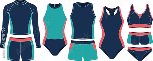 Women’s activewear, swimwear styles, sporty outfits, color block design, shorts, one-piece suits, fitness fashion, coral teal navy palette