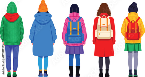 Winter fashion, colorful outfits, backpack styles, rear view, casual wear, cold weather clothing, diverse characters, outdoor look, layered style, trendy design
