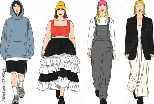 Urban fashion diversity, streetwear, eclectic style, youthful outfit, modern layering, casual chic, trendy looks, individual expression, contemporary clothing, style inspiration