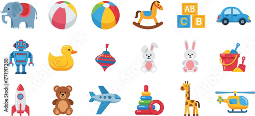 Colorful kids toys collection with car, beach ball, and rocking horse vector illustration