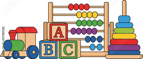 Toy blocks and geometric shapes educational vector illustration