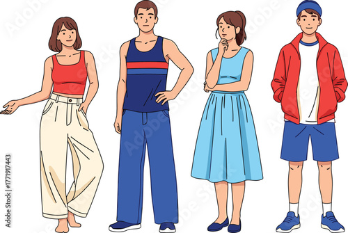 Summer fashion, cartoon characters, casual outfits, crop tops, tank tops, dresses, hoodies, expressive poses, youth style, fashion illustration