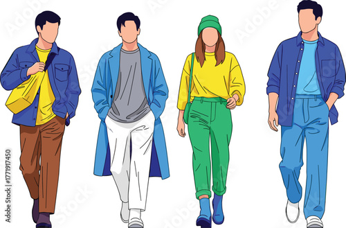 Streetwear fashion, walking pose, colorful outfits, casual style, modern clothing, trendy look, illustrated characters, urban vibe, youth fashion, diversity