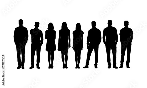 Vector silhouettes of men and a women, a group of standing business people, black color Isolated on Transparent Background