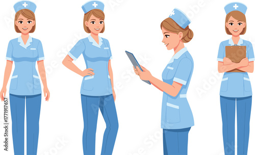 Nurse character, medical uniform, healthcare worker, professional pose, hospital staff, digital tablet, clipboard, medical role, blue outfit, care