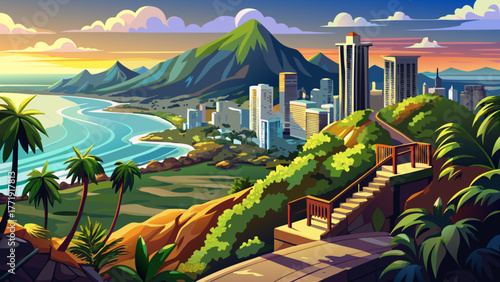 Very beautiful panoramic view from Tantalus Lookout at Puu Ualakaa State Park, Oahu, Hawaii, USA, showcasing Honolulu city, Diamond Head volcano, lush greenery, and tropical island scenery under 