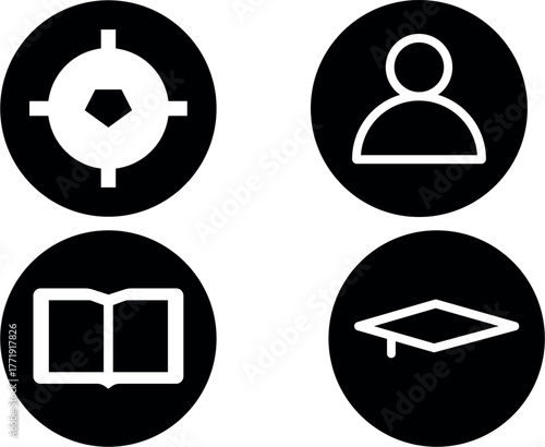 “Education and Learning Icon Set – Student, Book, Graduation Cap, and Target Symbols in Minimal Circle Design”