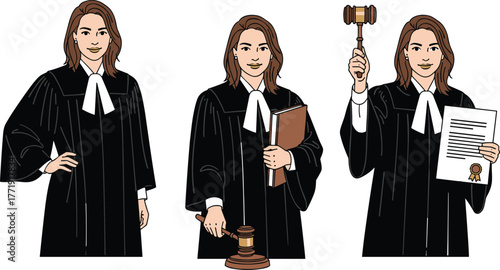 Judge illustration, courtroom poses, judicial robe, gavel action, legal authority, law concept, character design, justice theme, legal figure, decision-making