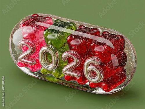 Envase 3D caja transparente rellena con 4 ositos de gominola, gumy bears, de colores navideños, sobre fondo verde oliva claro, con inscripción 2026 en letras doradas, regalo