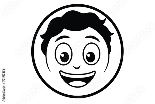 Happy boy cartoon face in circle shows joyful expression with an innocent smile