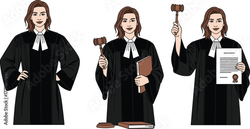 Judge illustration, courtroom poses, legal attire, gavel action, decision-making, justice theme, law concept, character design, authority, legal symbolism