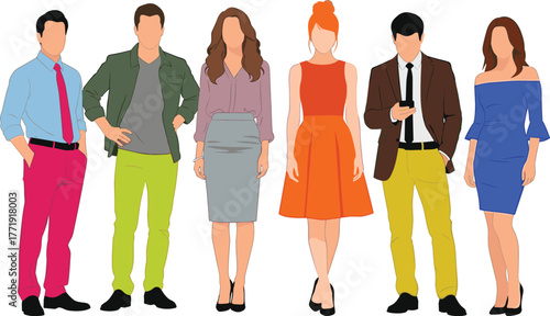 Diverse fashion illustration, stylish people standing, colorful outfits, modern clothing, trendy characters, urban style, vibrant apparel, fashion design, group pose, casual wear