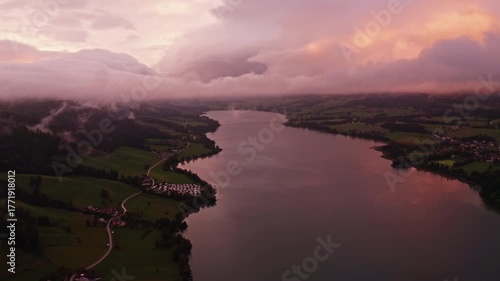 Magical Sunset Over Lake Mondsee and Irrsee, Austria – 4K Aerial Drone Footage with Fog, Rainbow, and Colorful Autumn Clouds
