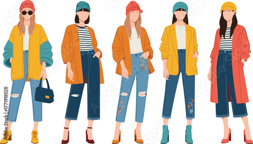 Cool weather fashion, casual outfits, stylish coats, beanies, cropped jeans, trendy footwear, modern look, colorful layers, youth style, illustration