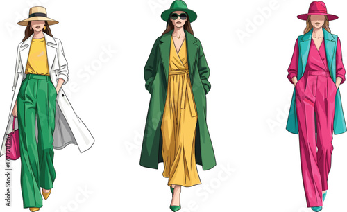 Color block fashion, stylish women, coordinated outfits, wide-brim hats, trench coats, wrap dresses, bold style, accessories, fashion illustration, chic look