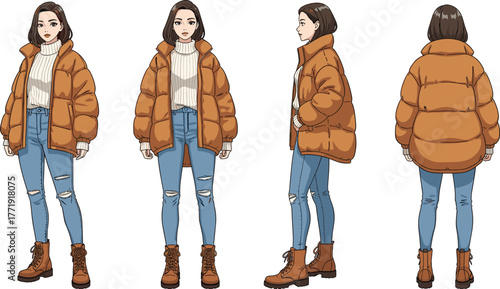 Character design, female model, winter outfit, puffer jacket, ripped jeans, fashion reference, front view, side view, back view, casual style