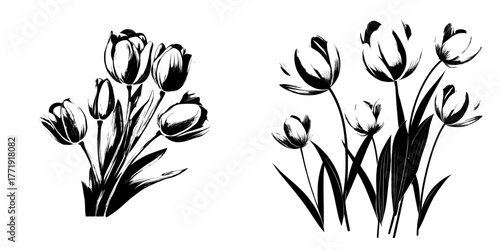 Elegant botanical illustrations of pink tulip flowers in spring bouquets, ideal for modern flat designs, including floral clipart for spring holidays
