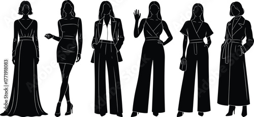 Fashion silhouette illustration, stylish women, trendy outfits, modern clothing, diverse styles, elegant poses, black silhouettes, fashion design, chic apparel, urban wear