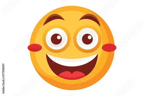 Happy emoji smiles widely showing teeth with red cheeks and big cartoon eyes