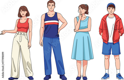 Casual fashion, cartoon characters, expressive poses, summer outfits, striped tank top, hoodie style, dress look, character design, fashion sketch, youth style