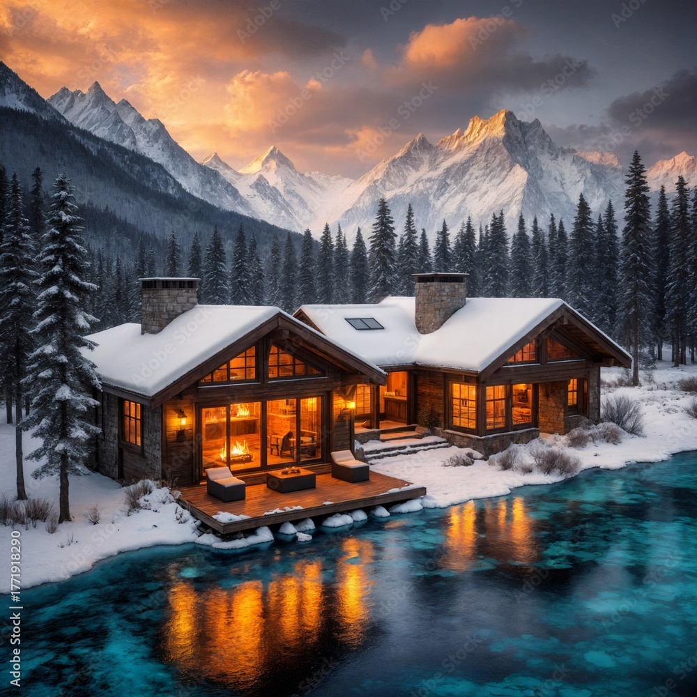 Fototapeta premium The image shows a log cabin located on the bank of a frozen river or lake, against the backdrop of snow-capped mountains and pine forest