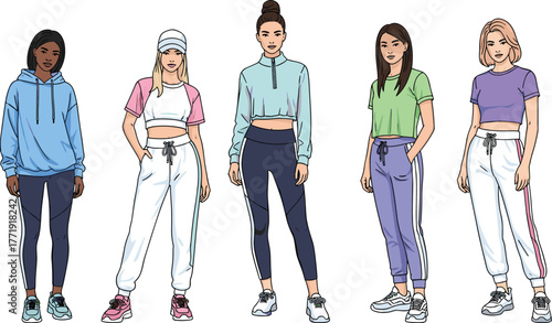 Casual athletic fashion, crop tops, jogger pants, hoodies, sneakers, sporty style, modern outfit, youth fashion, color coordination, illustration