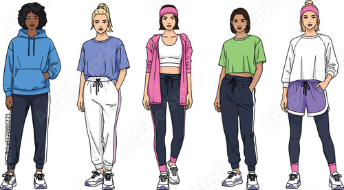 Athleisure fashion, sporty outfits, casual wear, joggers, hoodies, crop tops, sneakers, fashion diversity, relaxed style, character lineup, streetwear inspiration