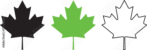 Three Maple Leaves Depicted in Black Green and Outline Representing Canada