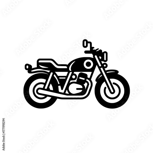 The motorbike icon is designed in a simple flat style as a modern pictogram logo sign symbol, isolated on white, intended for a mobile app illustration