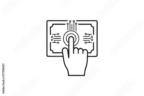 Human finger touches the circle of the electronic card in black line icon
