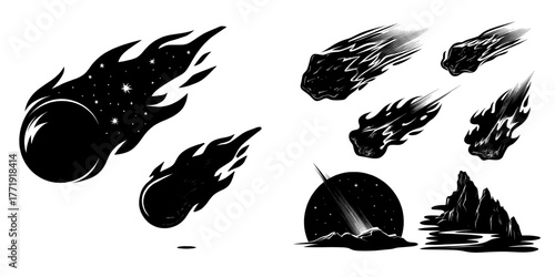 A modern cartoon illustration depicts a space comet with a burning tail flying in a dark sky, accompanied by a meteor with a fire trail and shooting stars falling, all glowing in darkness against an