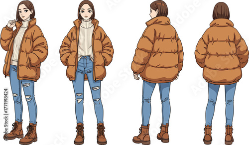 Anime character design, puffer jacket, ripped jeans, front view, side view, back view, fashion reference, casual outfit, manga style, model sheet