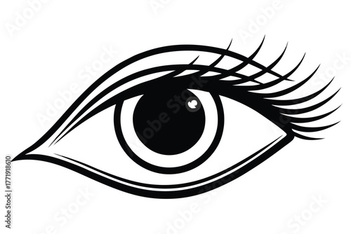 Illustrated black and white eye showcases long lashes on a plain backdrop