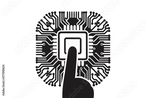 Index finger presses a central square on a circuit board image, set in black