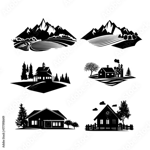 The collection includes summer geometric landscape posters that showcase abstract countryside nature, rural sceneries in cubist style, and contemporary stylized village views, ideal for modern