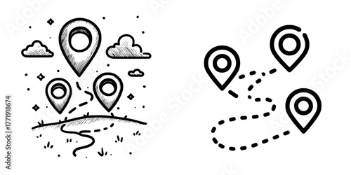 A route is symbolized by three location markers linked with a dashed line, perfect for themes related to travel, navigation, maps, or transportation, set against a clean white background and