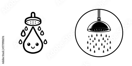 A bathroom shower icon is depicted with water droplets isolated on a transparent background
