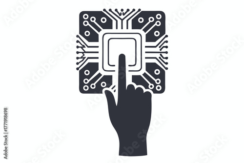 Index finger touches a chip connected to a digital network for data processing