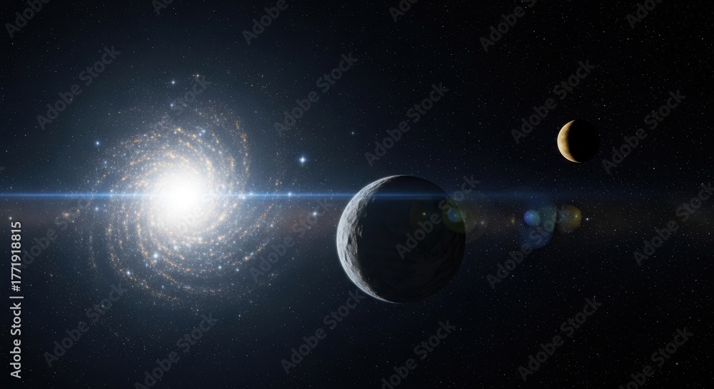 Fototapeta premium A spiral galaxy illuminates the cosmos, with two planets orbiting in the vast expanse of space, creating a breathtaking celestial scene