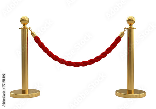 Red velvet rope suspended between gold-colored barrier posts (stanchions) on a transparent floor. Luxury, VIP, and restricted area.