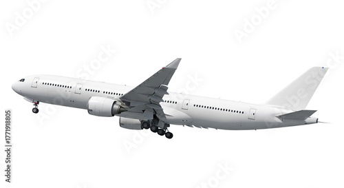 A white passenger aircraft, isolated on a transparent background, landing gear extended, rising into the air, without a logo. Travel and aviation.