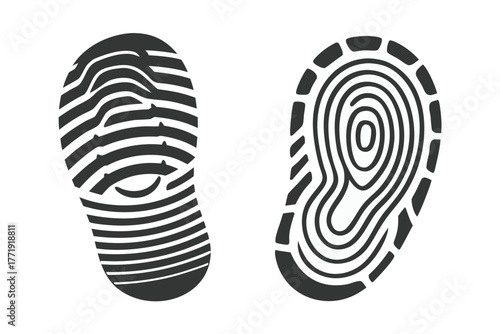 Isolated black shoeprints exhibit unique ridged patterns resembling topographic contour lines on white surface