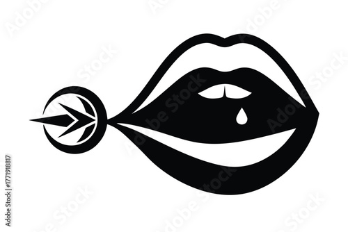 Isolated black mouth with a teardrop pierced by an arrow forming a unique artwork