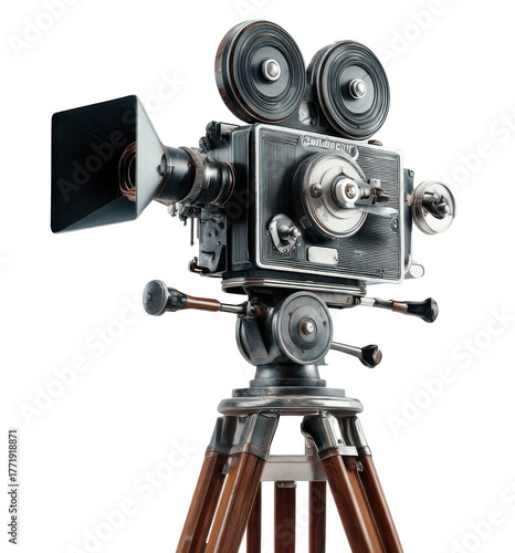 Vintage film camera mounted on a tripod, showcasing intricate mechanical details and classic design.